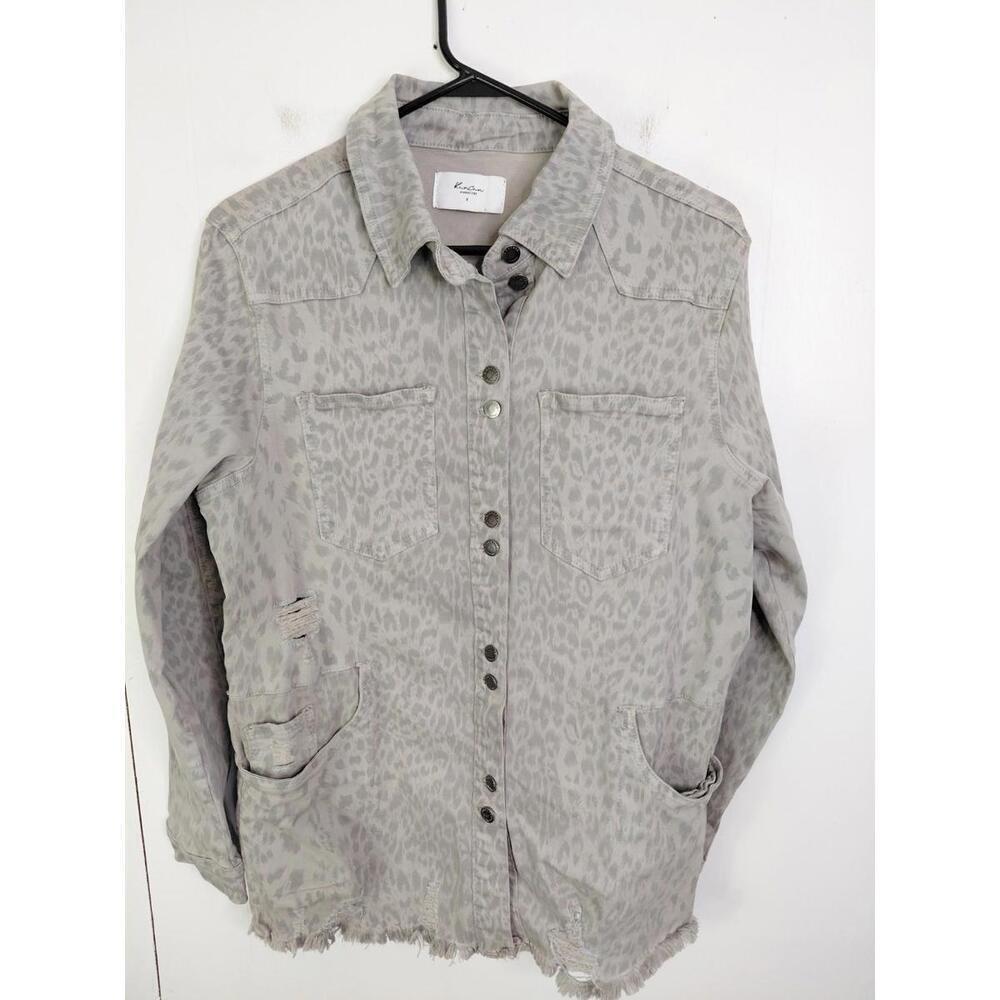 Kancan Jacket Womens Small Signature Leopard Gray Distressed Ripped Long Length